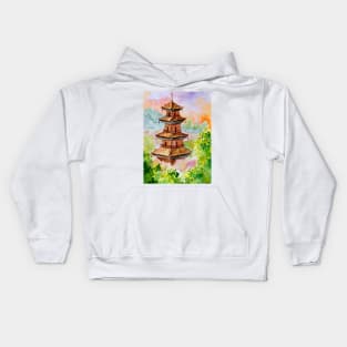 Japanese Pagoda in Autumn Forest Kids Hoodie